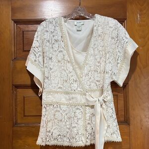 Neiman Marcus Ivory Lace Wrap Blouse